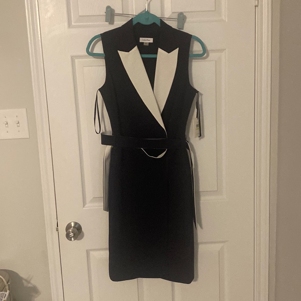Calvin Klein navy with white trim dress with matching belt